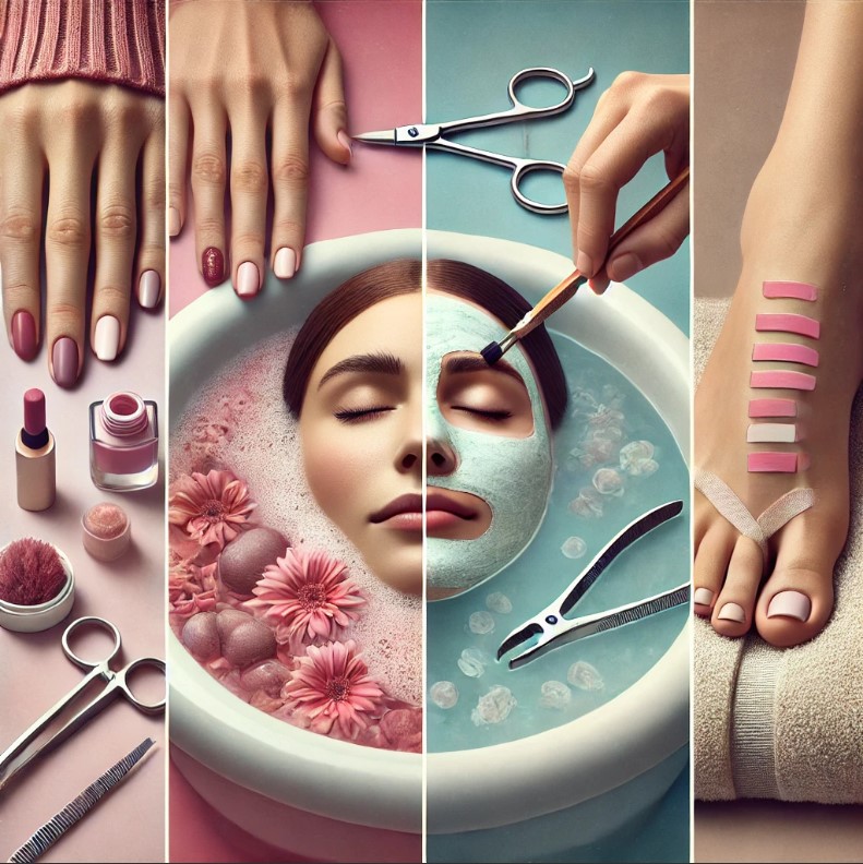 image photoréaliste qui illustre les cinq routines féminines en sections distinctes : manucure, pédicure, masque facial, épilation des sourcils et exfoliation. Les tons doux de rose clair et bleu clair apportent une harmonie visuelle tout en mettant en avant l'élégance et l'attention aux soins personnels.