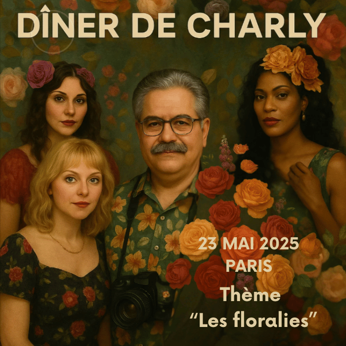 Affiche du « Dîner de Charly » prévu le 23 mai 2025 à Paris, sur le thème “Les floralies”. Quatre personnes sont présentes : trois femmes et un homme au centre avec un appareil photo. Tous portent des vêtements fleuris, assortis à un fond décoré de fleurs colorées