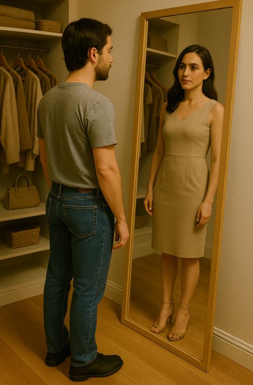 Le contraste entre l’homme réel et la femme reflétée souligne une réflexion intérieure, comme s’il se questionnait sur son identité et sur le fait d’oser ou non révéler qu’il se travestit.