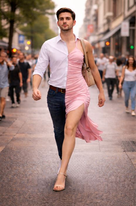 Personne marchant dans une rue passante avec une tenue divisée entre apparence masculine et féminine, illustrant la dualité identitaire et l’expression de la féminité en public.
