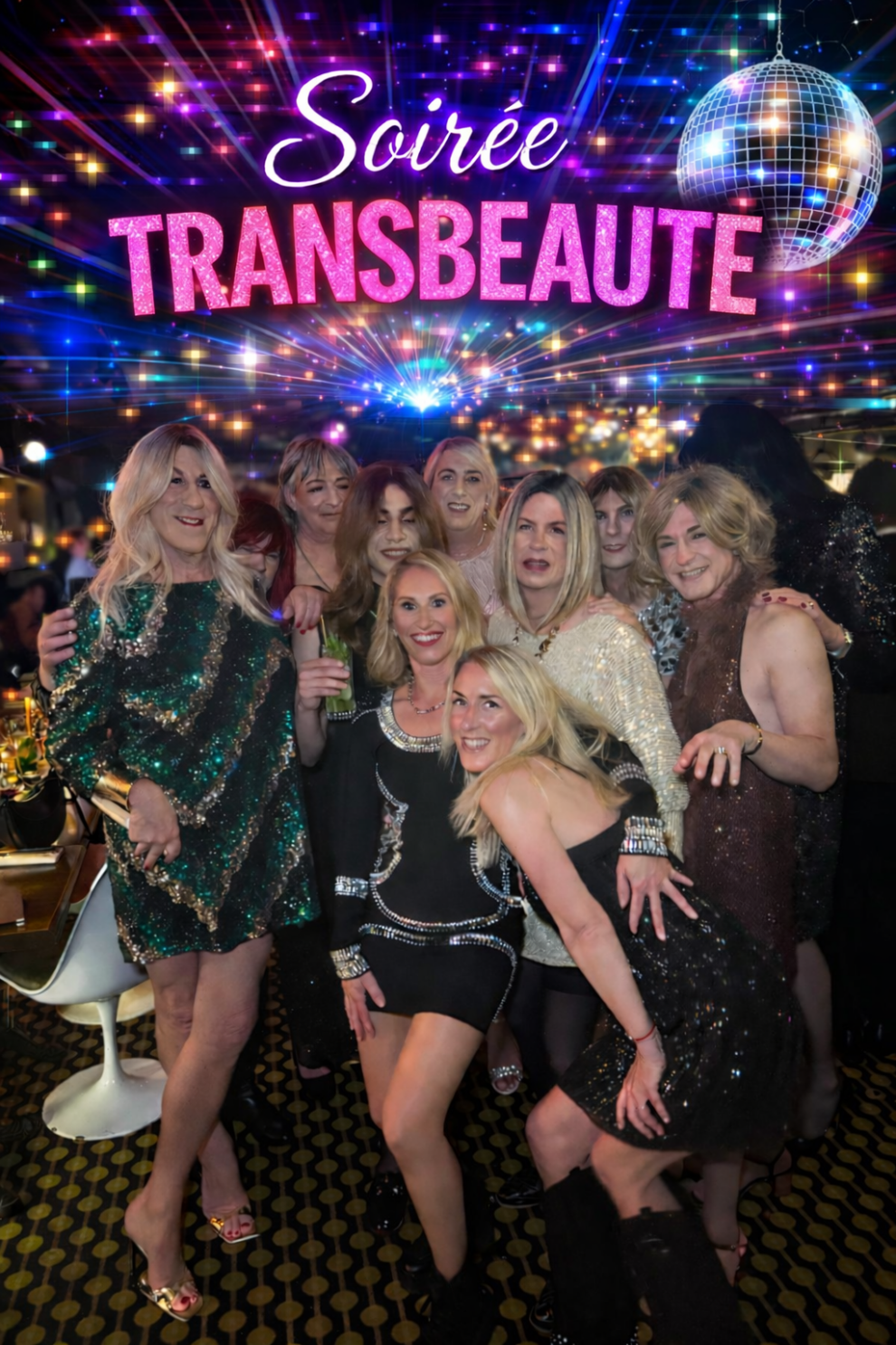 photo de groupe Soirée Transbeauté avec plusieurs participantes travesties ou transgenres en tenues à sequins, maquillages festifs et ambiance disco lumineuse.